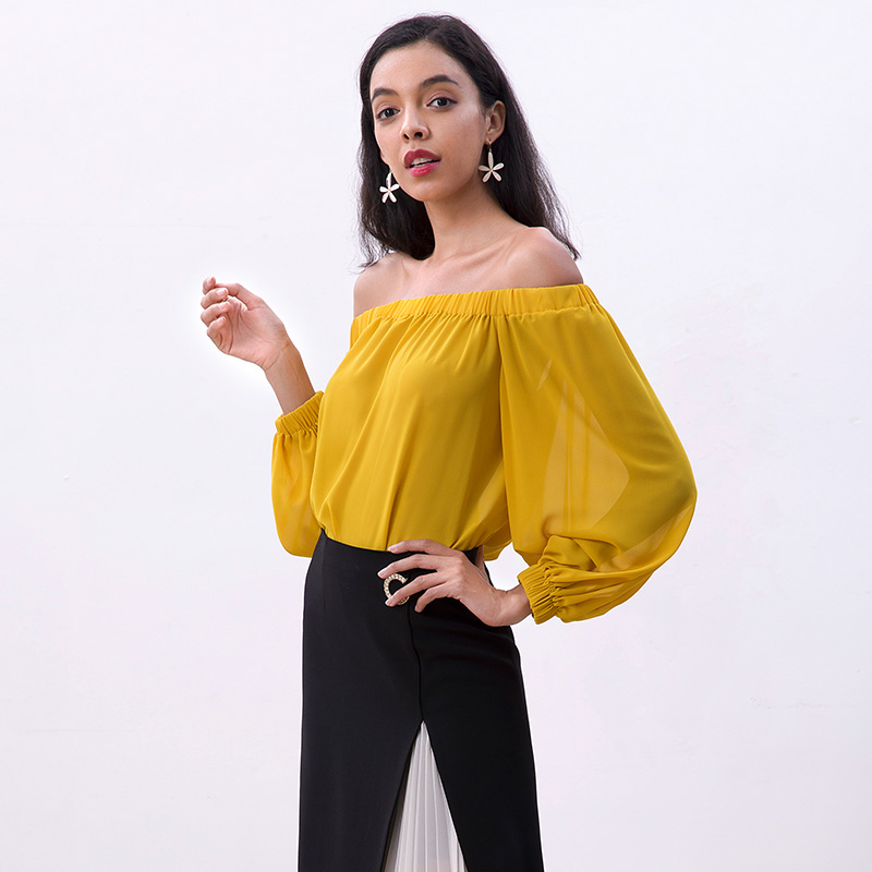 T179-1 Women Solid cold shoulder long lantern sleeve casual blouse