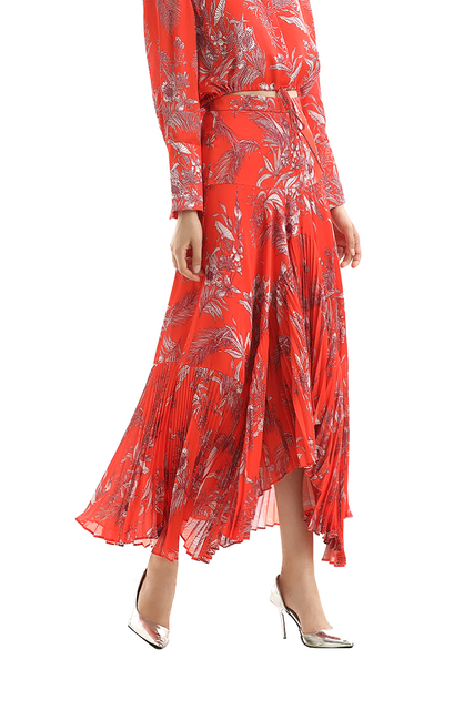 S069-1 Women Floral print panelled asymmetric pleated ruffle long flare skirt