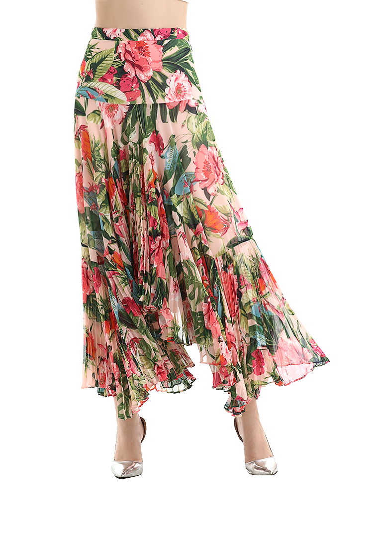 S069-2 Women Floral print panelled asymmetric pleated ruffle long flare skirt