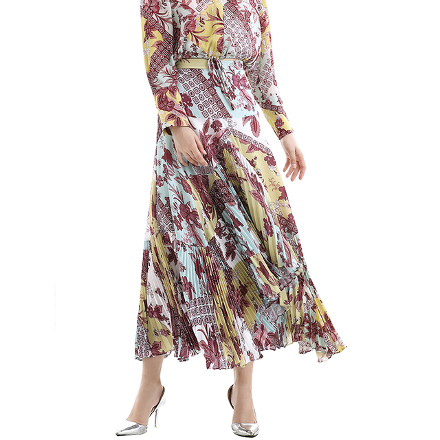 S069 Women Retro print panelled asymmetric pleated ruffle long flare skirt