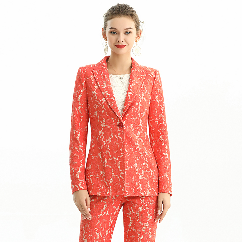 J155-3 Women Floral lace bonded fabric notched lapel tailored-cut single-breasted blazer