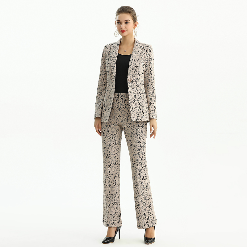 J155-3 Women Floral lace bonded fabric notched lapel tailored-cut single-breasted blazer
