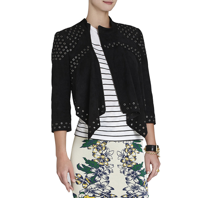 H026 Women faux suede panel eyelet embellished asymmetric short jacket