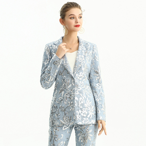 J180-1 Women Sequin embellished floral lace notched lapel tailored-cut evening blazer