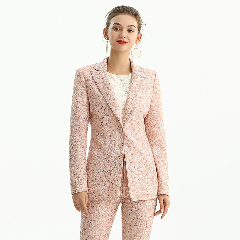 J180 Women Scattered sequin floral lace notched lapel tailored-cut evening blazer