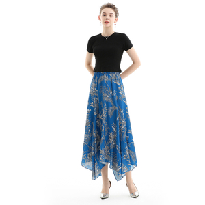 S068 Women Floral print asymmetric panelled long flare handkerchief skirt