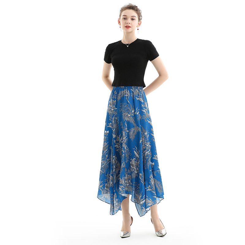 S068 Women Floral print asymmetric panelled long flare handkerchief skirt