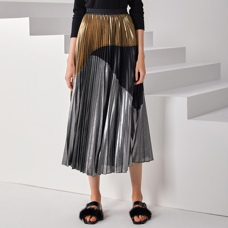 C018 Women Metallic printed color-block full circle sunburst pleated evening midi skirt