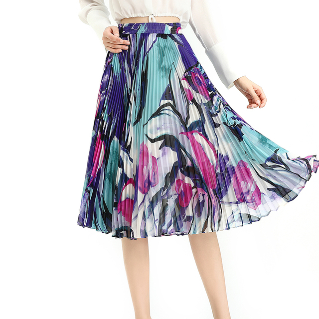 S076-2 Women Floral print chiffon pleated casual midi skirt