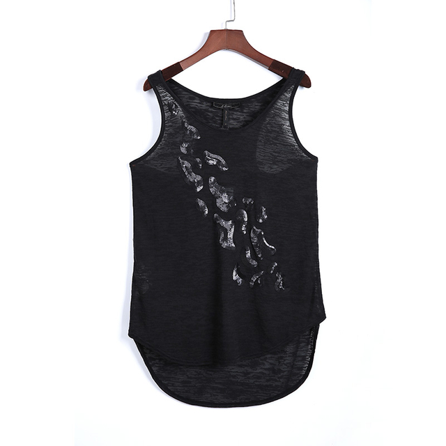 G755 Women Solid textured burnout knit sequin-applique racer-back tank top