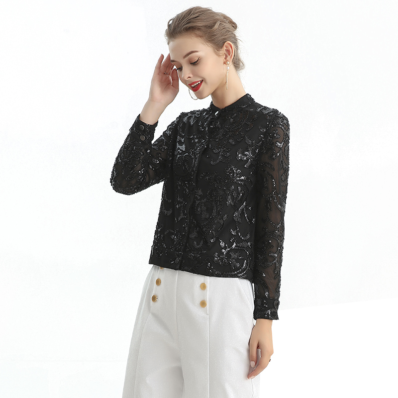T123 Women Sequin beads embellished band collar long sleeves evening blouse jacket