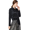 T043 Women Stretch satin shirt collar waist tie long sleeves blouse