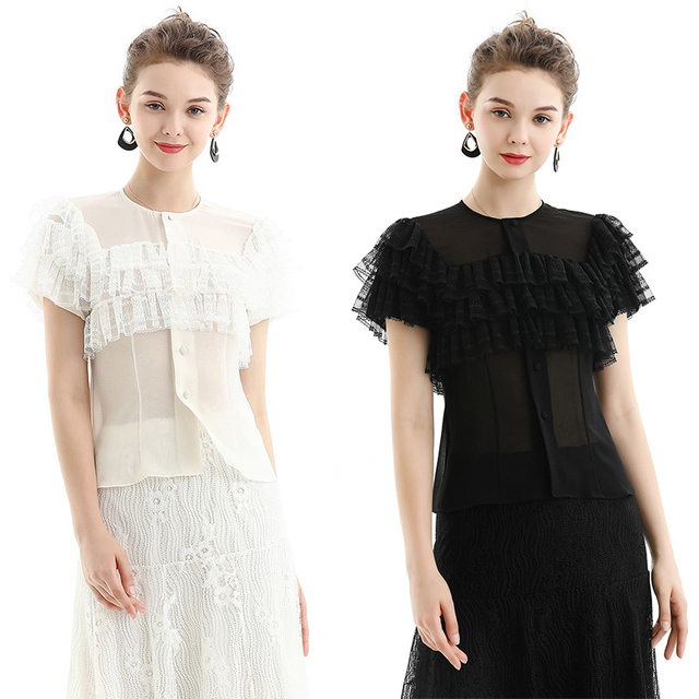 T066 Women Chiffon round neck short sleeve ruffled lace tiered blouse