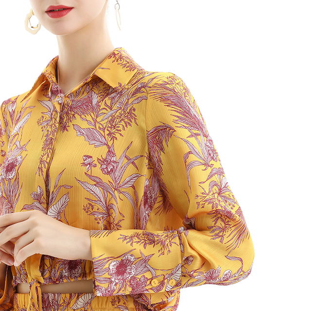 T060 Women Floral print shirt collar long sleeves drawstring waist cropped blouse