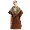 C118 Women Wool combo faux leather trim faux fur collar belted cape coat