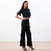P219-1 Women Black floral lace asymmetric cascading ruffles party pants