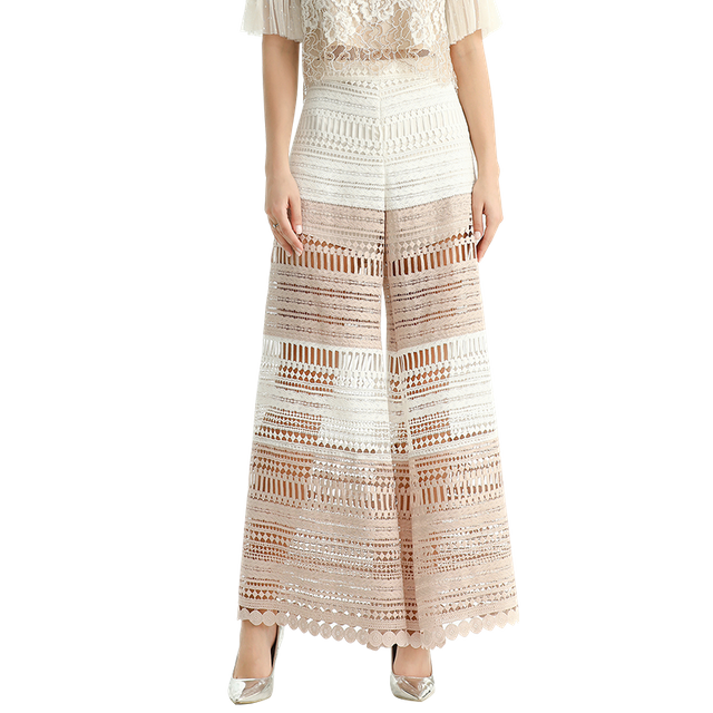 P157 Women Macramé embroidered lace semi-sheer wide-leg pants