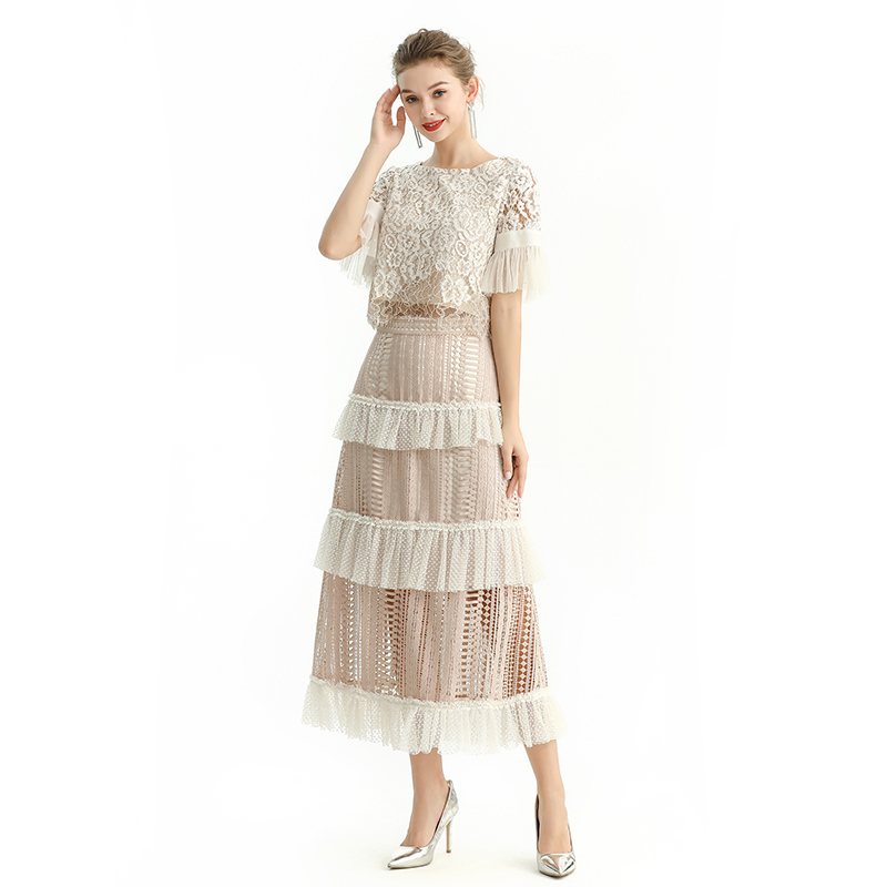 S149 Women Macramé lace-panel design Swiss dot tiered ruffle long skirt