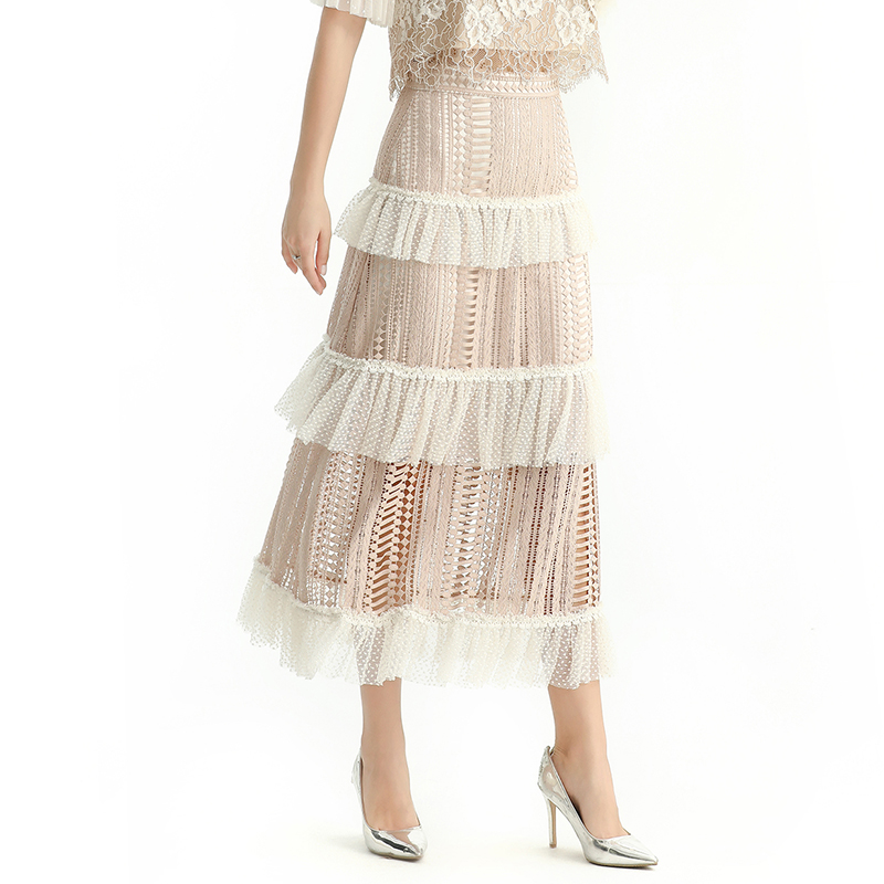 S149 Women Macramé lace-panel design Swiss dot tiered ruffle long skirt