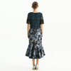 S168 Women Metallic floral jacquard trumpet ruffle hem mermaid midi skirt