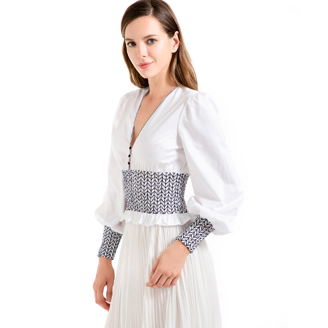 T032 Women Solid V-neck smocking details long puff sleeves blouse
