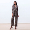 R171 Women Leopard print long sleeves flare leg jumpsuit 