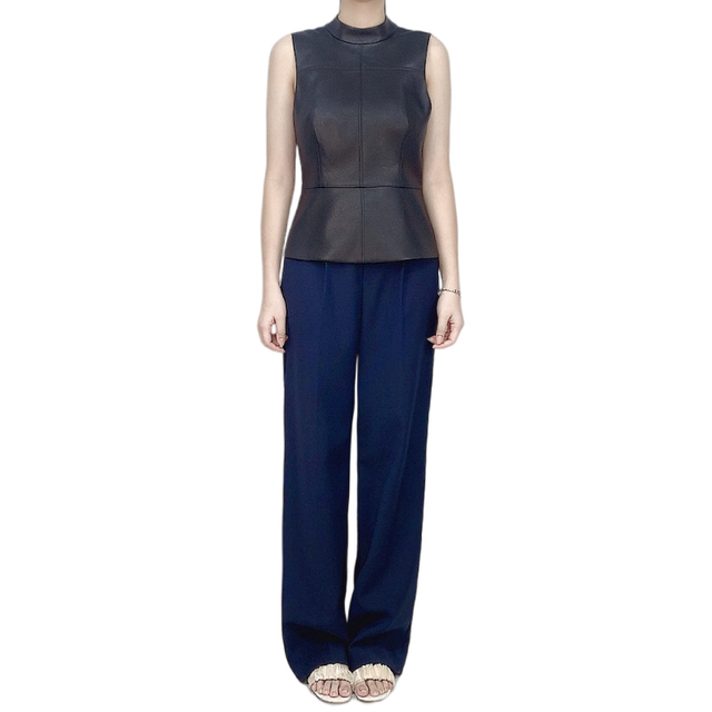 T241 Women faux leather stand collar peplum design sleeveless tops