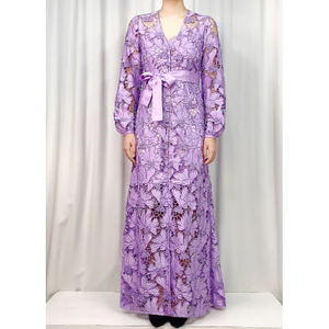 C165-3 Women Cut out embroidery long sleeves waist-tie evening maxi robe dress