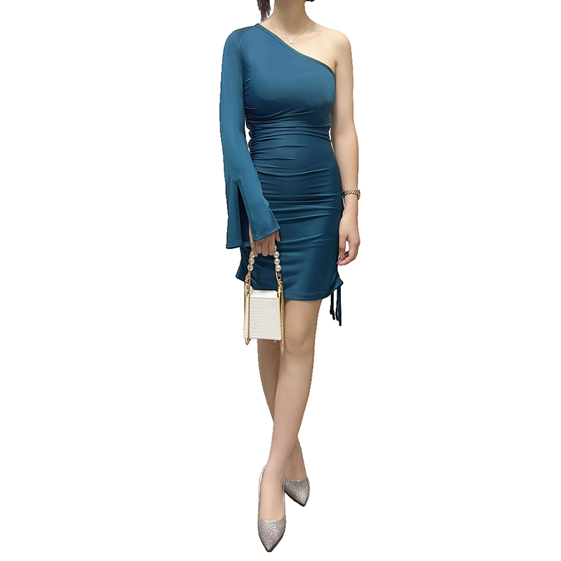 D406 Women Solid one-shoulder long sleeve ruched stretch-jersey bodycon mini dress