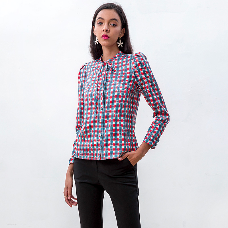 T268-1 Women Silk cotton checkers print band collar neck tie puff sleeves blouse