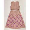 8G45 Women Neoprene mesh floral embroidery sleeveless cropped top and A-line pleated skirt set