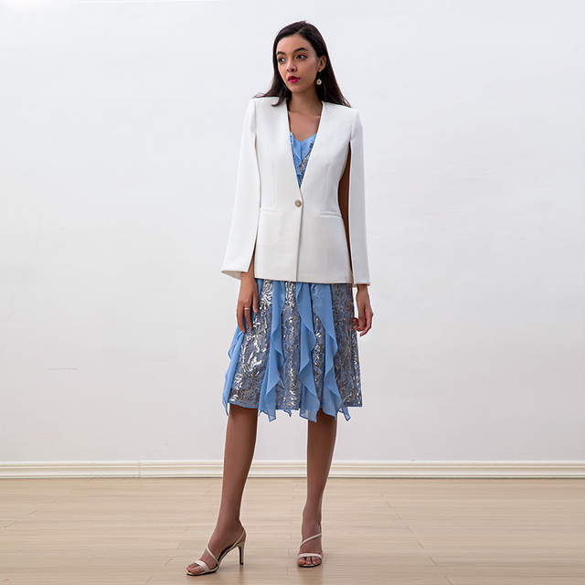 J188 Women Polyester crepe V-neck sleeveless tailored cape jacket
