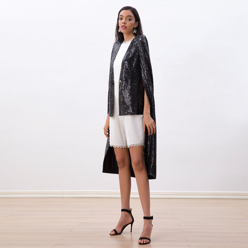 C250 Women all-over sequin embellished V-neck asymmetrical long cape jacket