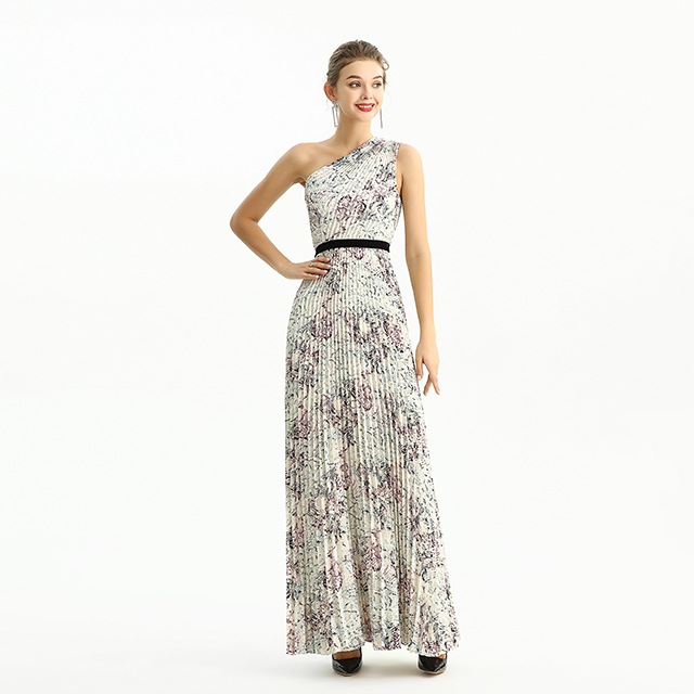 D202 Print CDC Single Shoulder Sunburst Pleated Maxi Evening Dress