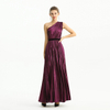 D203 Metallic Knit Single Shoulder Sunburst Pleated Maxi Evening Dress