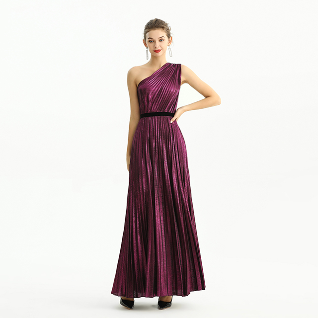 D203 Metallic Knit Single Shoulder Sunburst Pleated Maxi Evening Dress