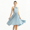 D208 Solid Satin Halter Neck Pleated Midi Evening Dress