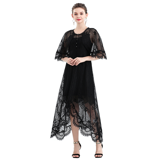D078-2 Women floral lace cape sleeve flared asymmetric hem midi evening dress