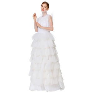 D132 Women Girls satin top round neck pleated ruffle tiered tulle gown 