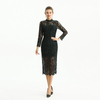 D088 Women Two-tone floral lace mock neck long sleeve slim fit midi party dress