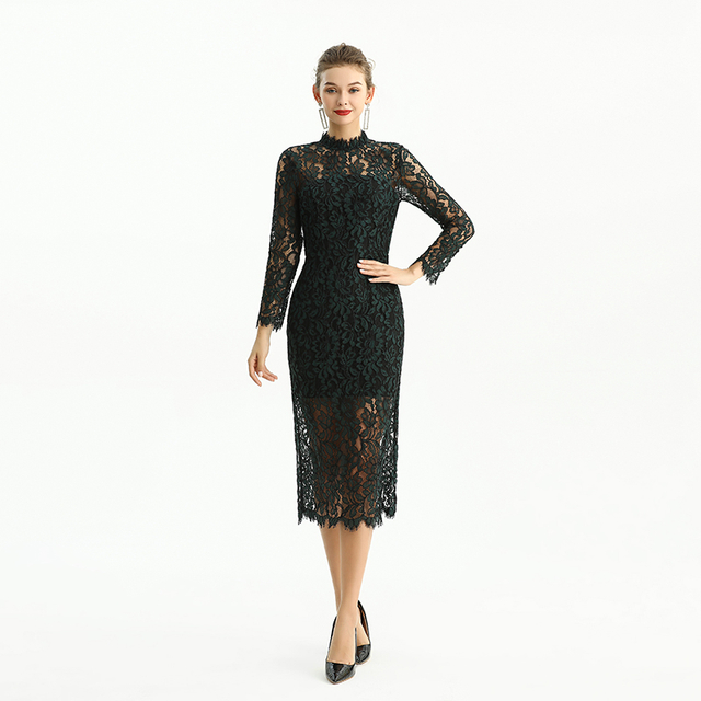 D088 Women Two-tone floral lace mock neck long sleeve slim fit midi party dress