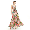 D113 Women floral Print chiffon spaghetti straps gathered detailing flared maxi party dress