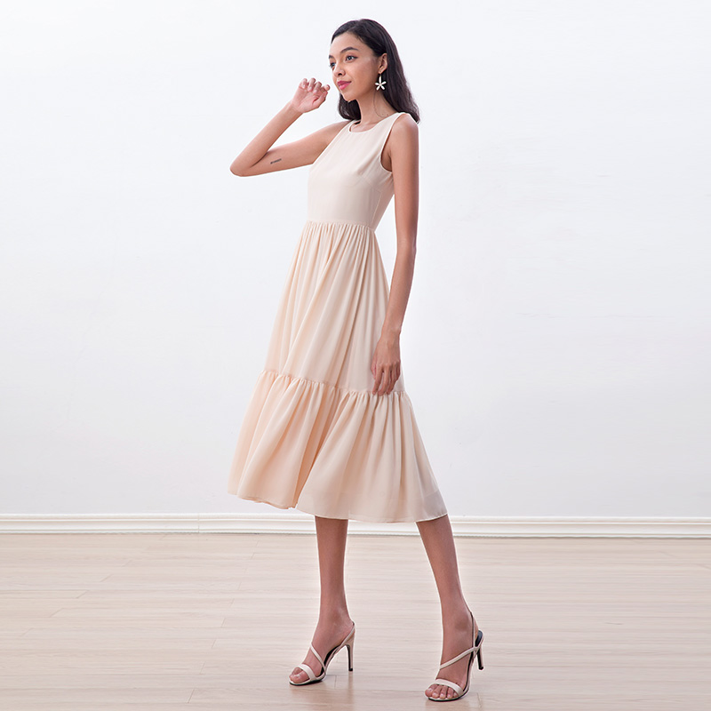 D178-1 Women Solid sleeveless tiered flared midi day dress
