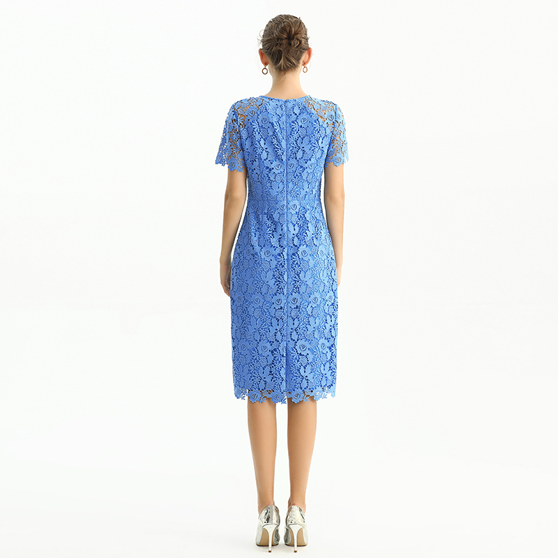 D190 Women Floral Macramé lace short sleeves straight-cut day and party midi dress