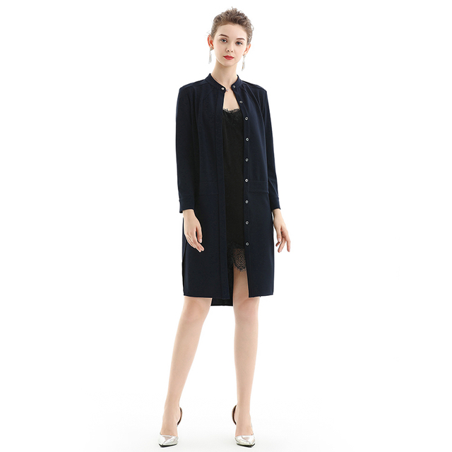 C053 Women Solid long sleeves band collar seam-detail midi shirt dress