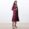 D083-2 Women Solid satin three quarters sleeves ruffle detailing tiered midi wrap dress