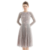 D080-4 Women Peony flower scallop lace long sleeves flared pleated party midi dress 