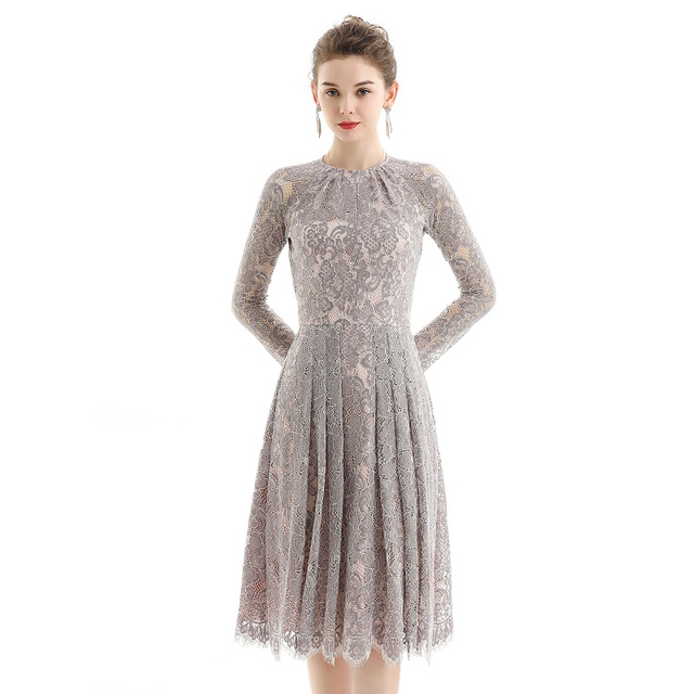 D080-4 Women Peony flower scallop lace long sleeves flared pleated party midi dress 