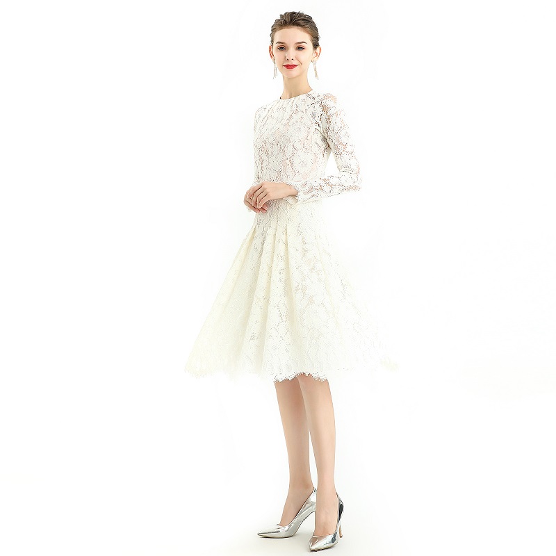 D080-3 Women floral scallop lace long sleeves flared pleated party midi dress