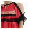 D074-1 Women Color block cut out shoulder lace trims pleated midi evening dress